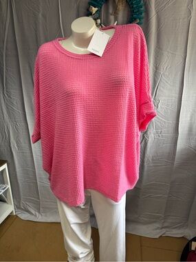 ANDREE BY UNIT Bright Pink Waffle-Knit Oversized Crew Sweater